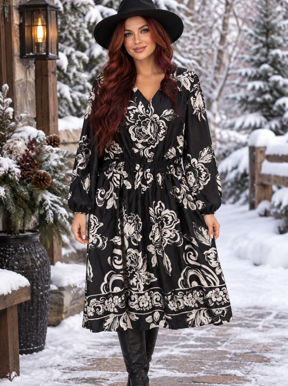 Lane Bryant Black and White Floral Wrap-Style Midi Dress